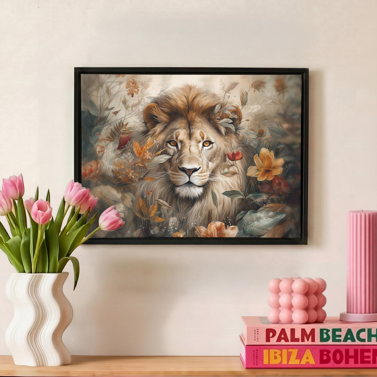 LEINWAND Bilder mit Rahmen - Löwe - Wildtiere - Pflanzen - Natur - Blumen - 40x30 - Beige, Textil (40/30cm) - MuchoWow