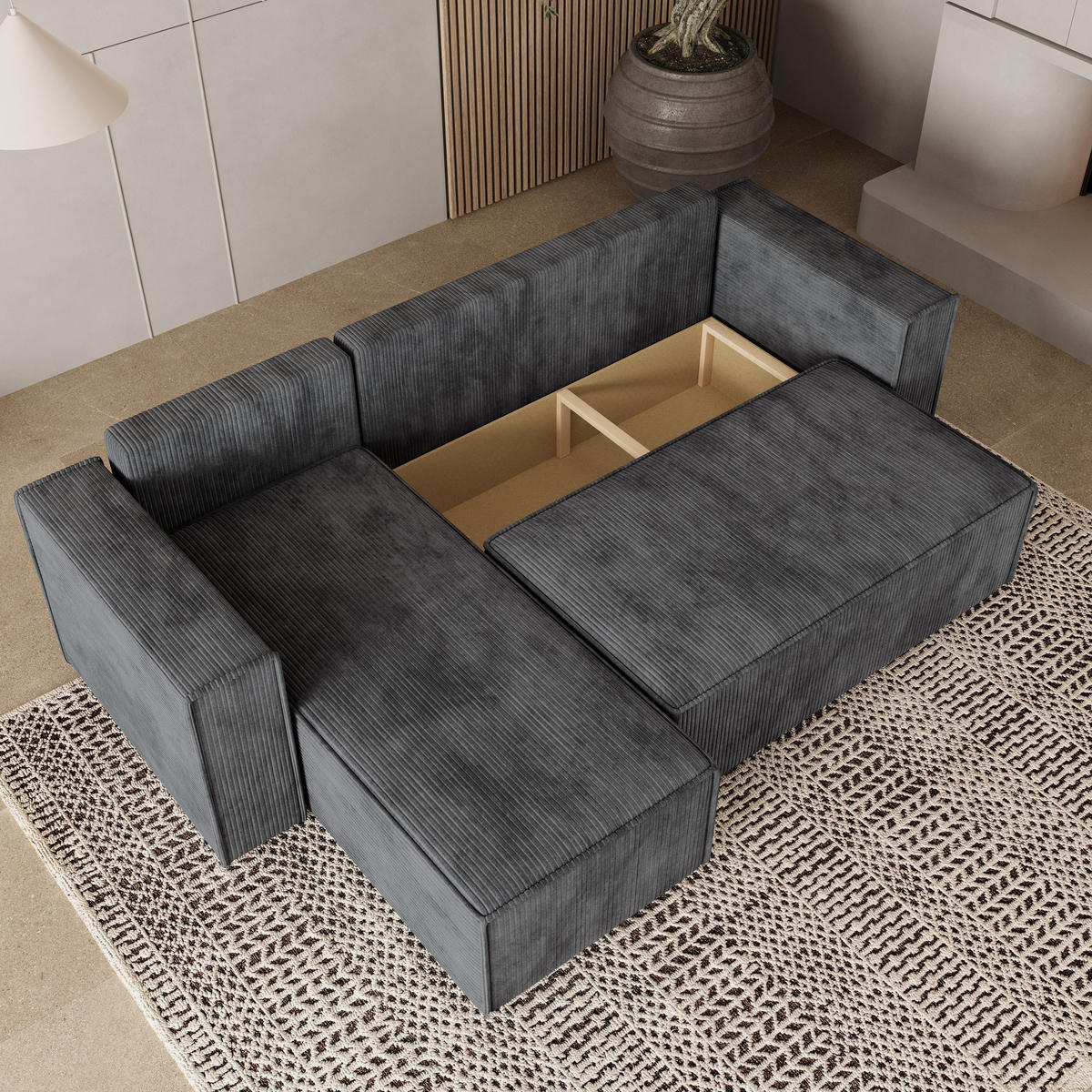 ROHOVÁ SEDAČKA RAVELO grafitová - šedá/grafitová, dřevo/textil (240/140cm) - MASSENO