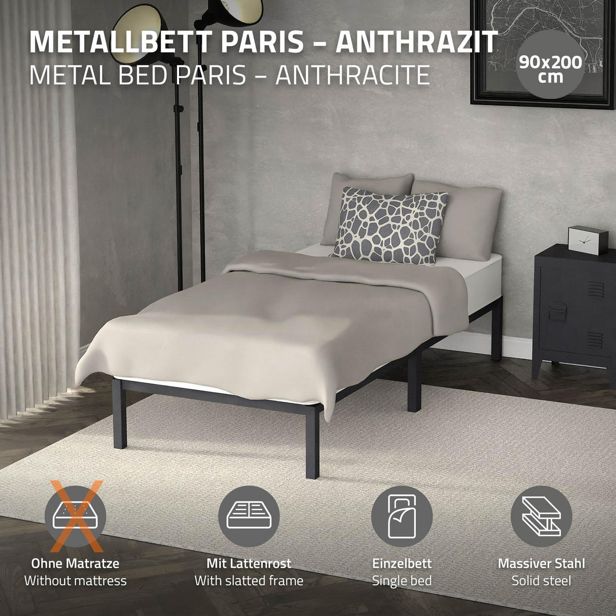 METALLBETT 200/90 cm - Anthrazit, Metall (90/200cm) - ML-DESIGN