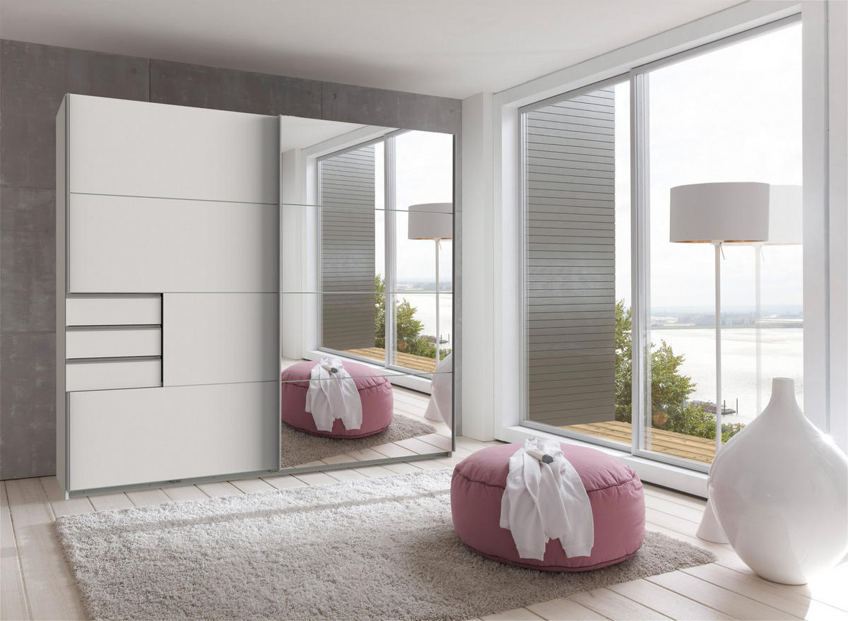 KLEIDERSCHRANK Saigon in Weiß und Alu-Griffen mit einer Spiegel Türfront – Schwebetürenschrank 2 türig - 225 cm Breite - Weiß, Holzwerkstoff (80/200/120cm)