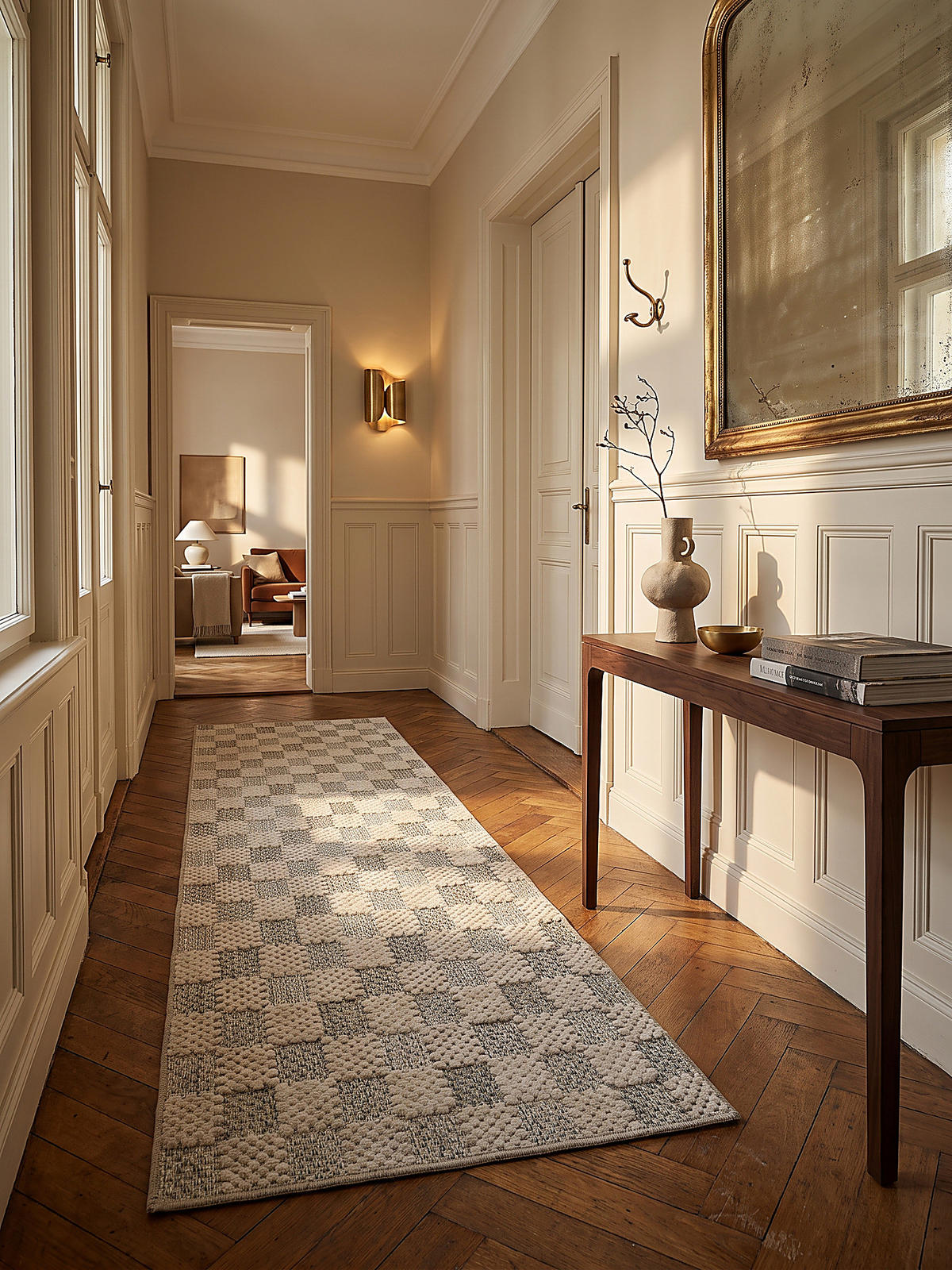 TEPPICHLÄUFER waschbar AFTON, Schachbrettmuster, Natur-Grün, 80 x 230 cm - Beige/Grün, Textil (80/230cm) - KADIMA DESIGN
