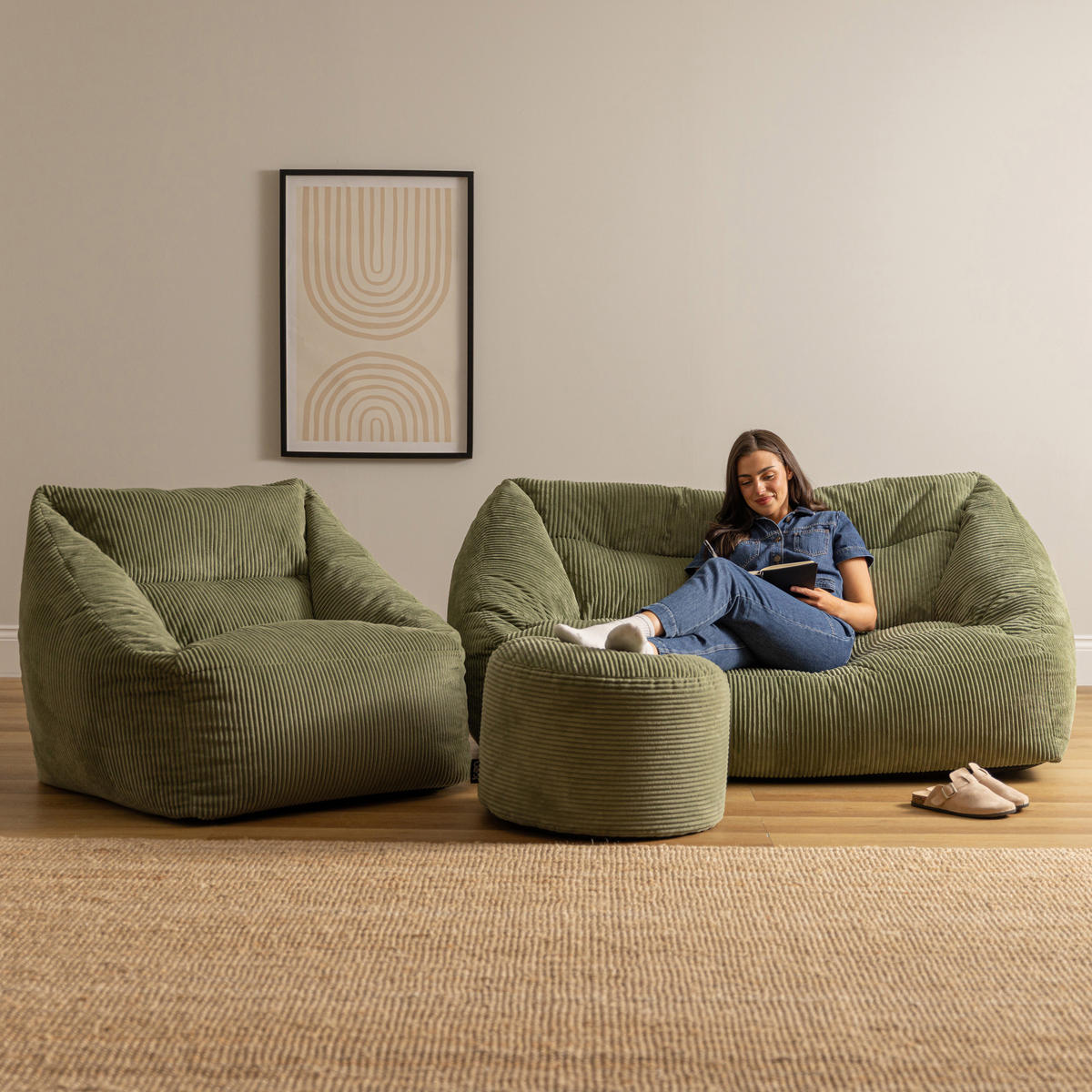 SITZSACK Sofa mit Sessel und rundem Hocker Cecilia - Salbeigrün, Textil (160/35/93cm) - icon