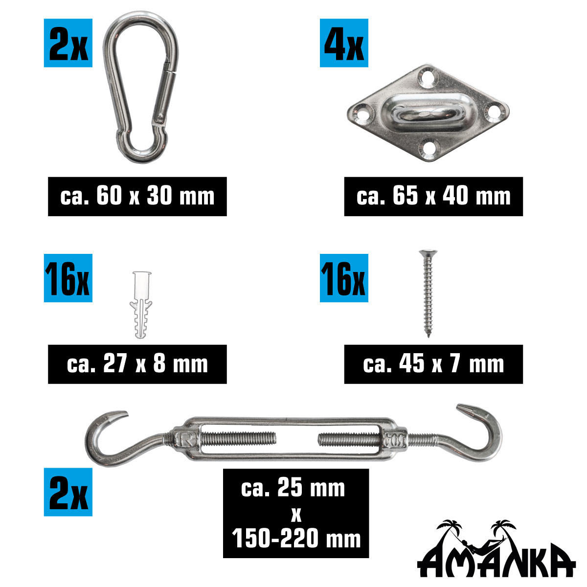BEFESTIGUNGSSET für Viereck Sonnensegel - Silberfarben, Metall (3/22cm) - Amanka