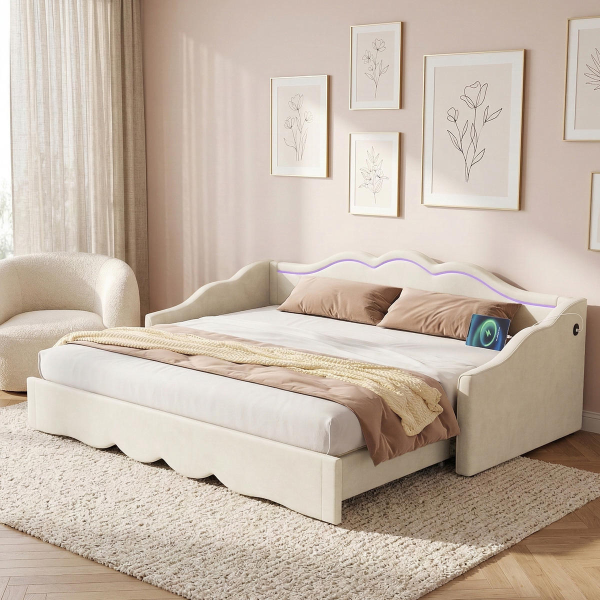 POLSTERBETT 90/200 cm & 180/200 cm in Beige Samt mit Ausziehfunktion, LED, USB und Type-C - Beige, Holzwerkstoff/Textil (90/200cm) - STILVORA