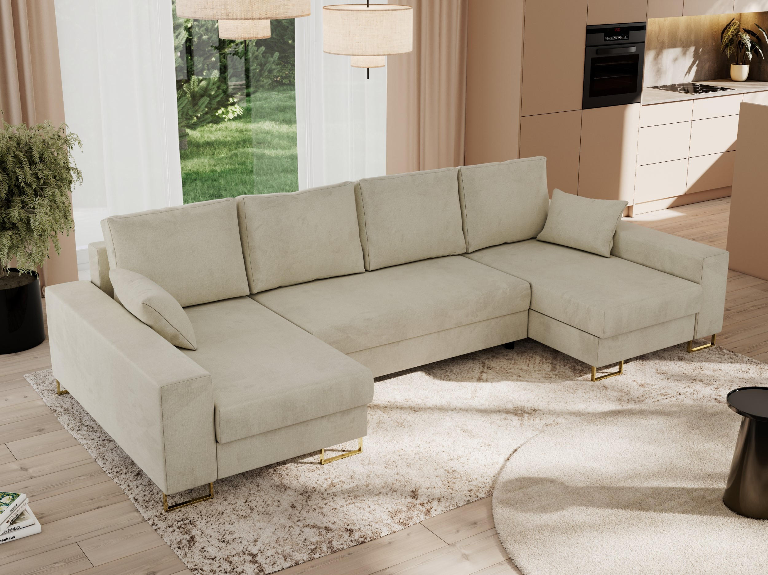 WOHNLANDSCHAFT DORIAN U Velvet Beige - Beige/Goldfarben, Textil/Metall (312/95/138cm) - MKS