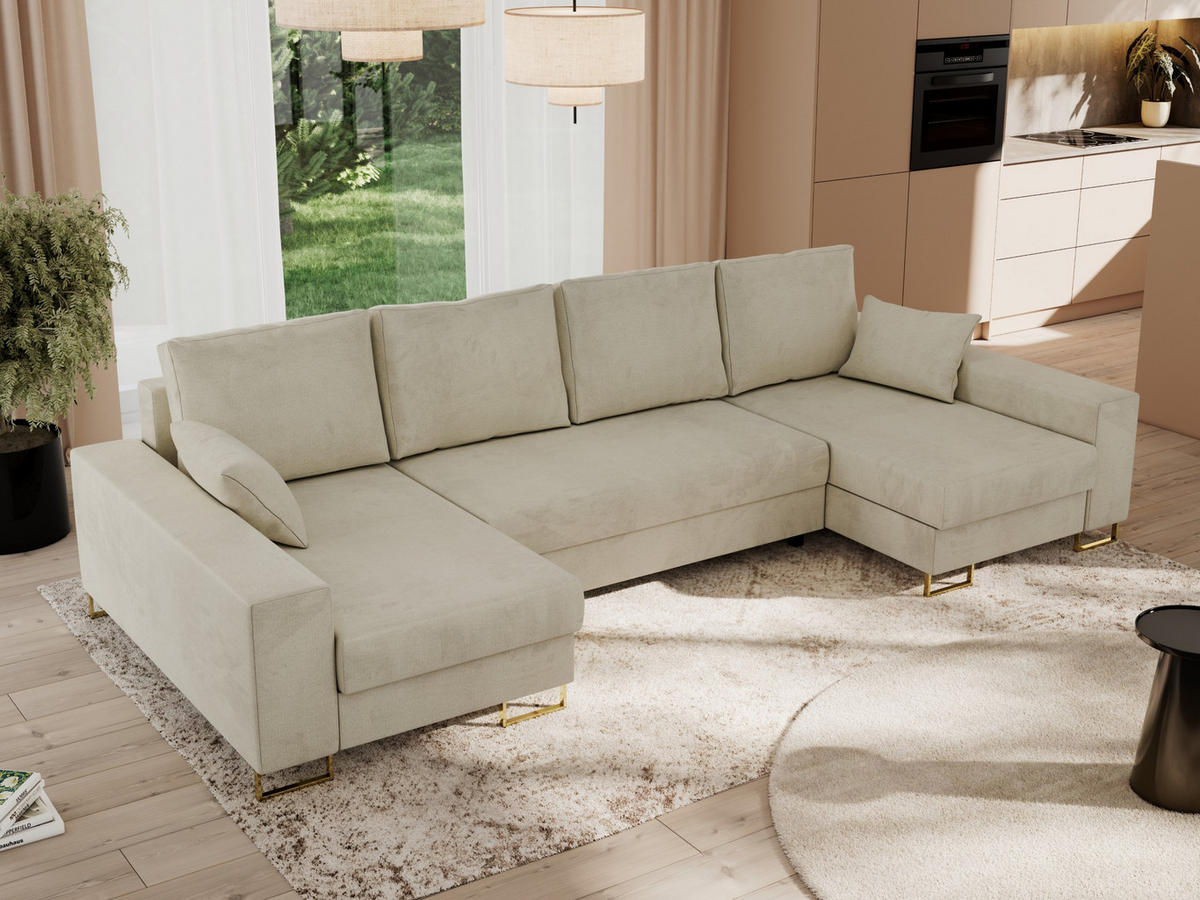 WOHNLANDSCHAFT DORIAN U Velvet Beige - Beige/Goldfarben, Textil/Metall (312/95/138cm) - MKS