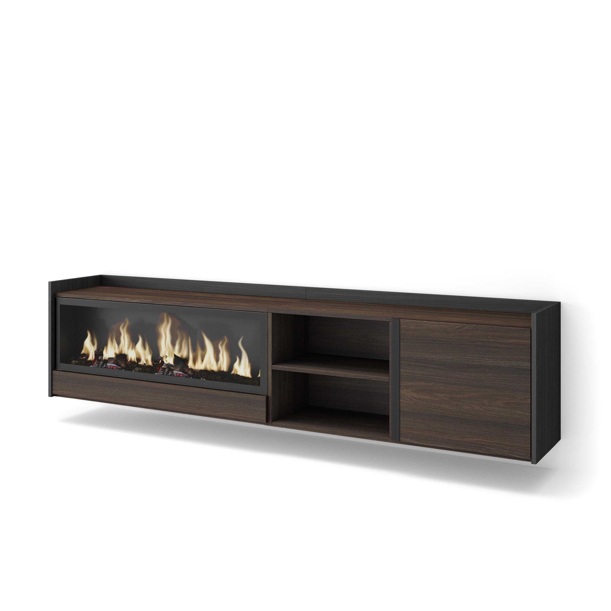 LOWBOARD, Eiche und Schwarz, 212/35/50cm, Kamin mit Feuereffekt XXL - Dunkelbraun, Holzwerkstoff (212/50/35cm) - Skraut Home