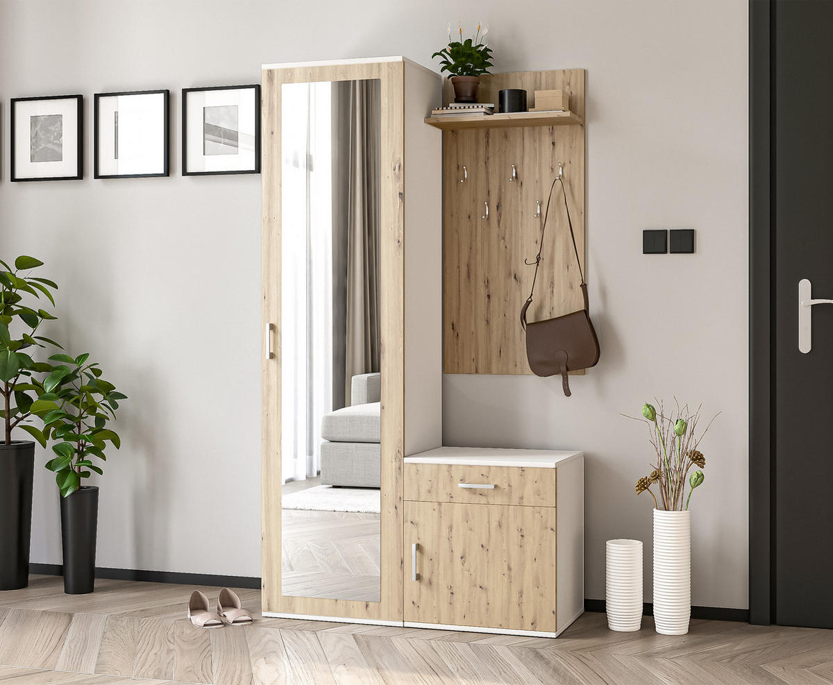 GARDEROBENSCHRANK Magnola Weiß Artisan Eiche 100/180,5/35 cm – Modern, mit Spiegel und viel Stauraum - Hellbraun/Weiß, Holzwerkstoff/Kunststoff (100/180.5/35cm) - AX Living