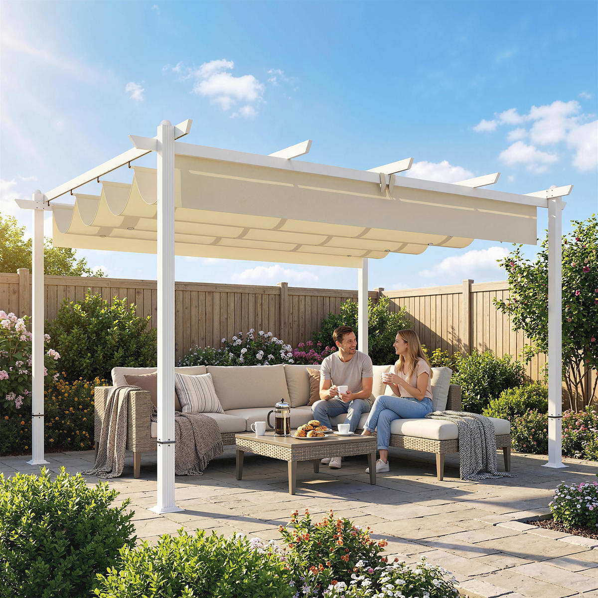PERGOLA 3 x 4 m Terrassenüberdachung mit Schiebedach, magnetische Verschlüsse, UV30+ Beige - Beige, Metall (390/227/297cm)