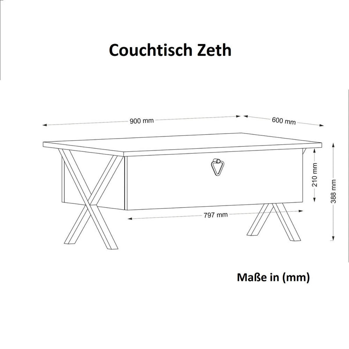 COUCHTISCH Zeth mit Metallfüßen Eiche - Eichefarben/Schwarz, Holzwerkstoff/Metall (60/90/39cm) - moebel17
