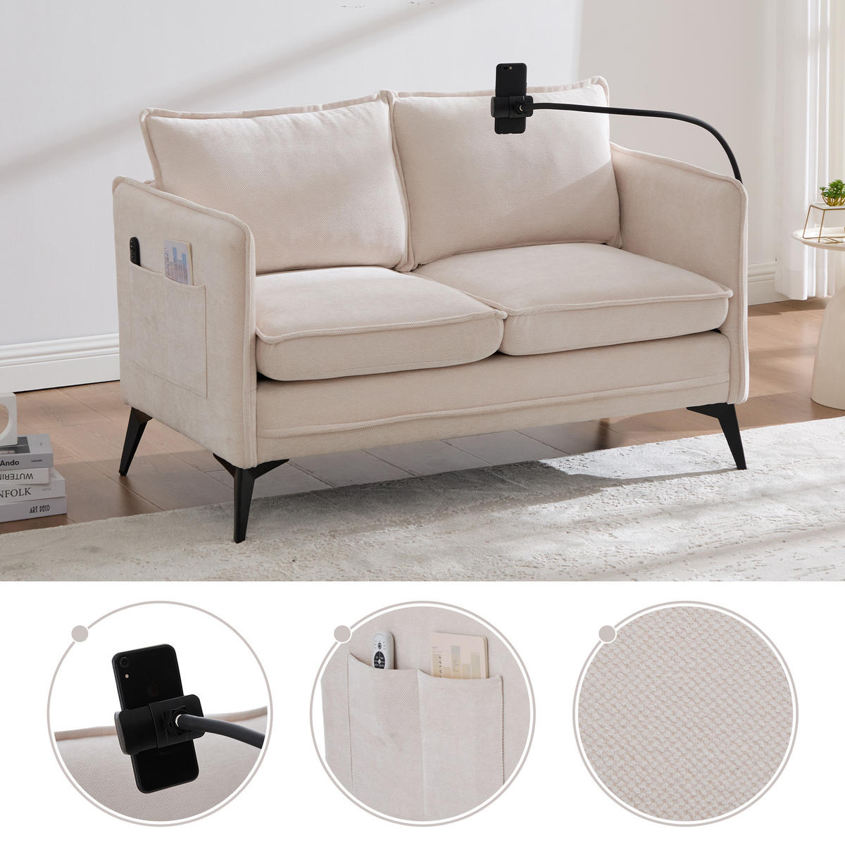 2-SITZER SOFA Chenille Mit Handy-Halter & Seitentaschen - Beige, Textil (127/66/69cm) - Urban Meuble