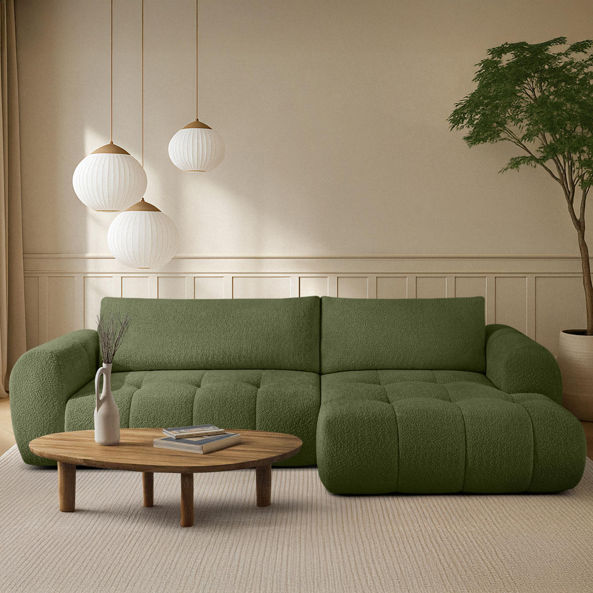ECKSOFA RECHTS LIRA, Olivgrün, Bouclé - Olivgrün, Holz/Holzwerkstoff (295/112cm) - KONSIMO®