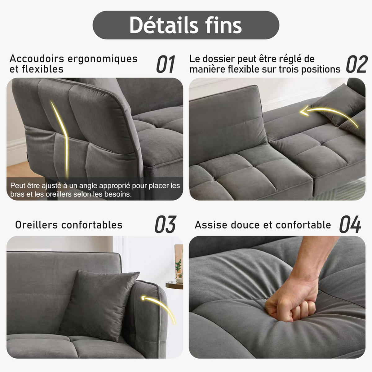 SOFA 2in1 Verstellbar Schlaffunktion Samtbezug Klappbare Armlehnen Kleinraum - Grau, Holz (92.08/19.05/80.01cm) - FLIEKS