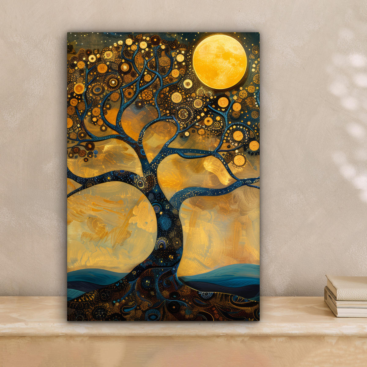 LEINWANDBILD Baum - Mond - Blumen - Gold - Kunst Deko Wohnzimmer 20x30 cm - Orange, Textil (20/30cm) - MuchoWow