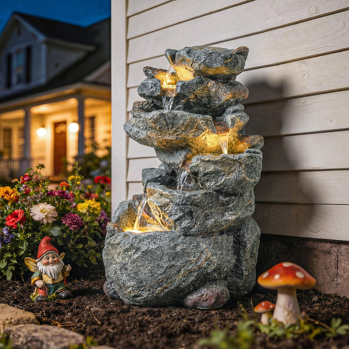 GARTENBRUNNEN DE-18870 6-stufige Kaskade mit LED Grau - Grau, Kunststoff (33/27/53cm) - ComfortXL