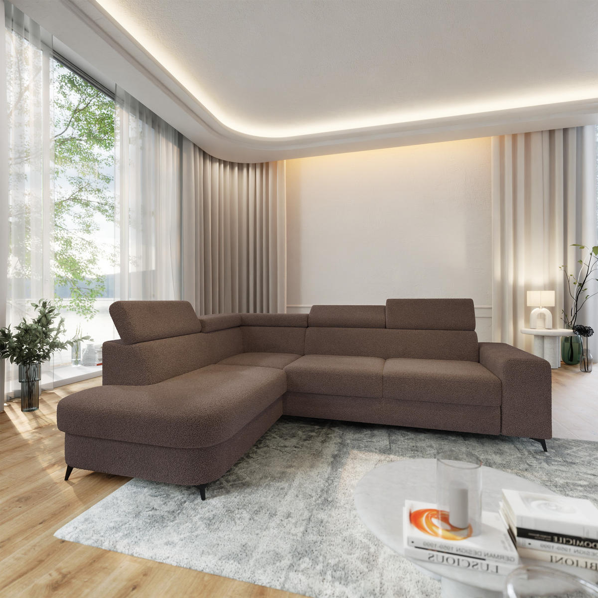 ECKSOFA ALVORO L-S Braun Boucle-Stoff mit Schlaffunktion - Braun, Holz (253/190cm) - MASSENO