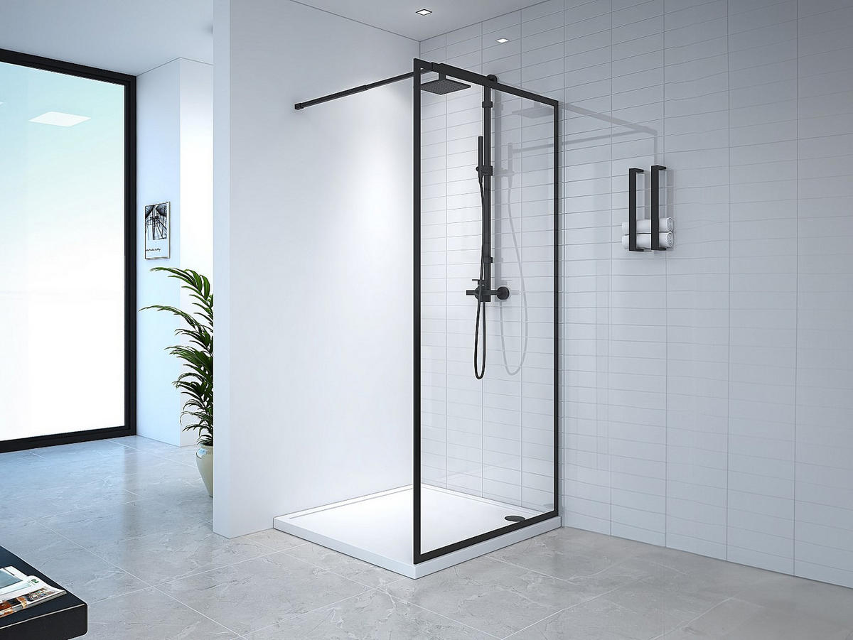 DUSCHTRENNWAND Seitenwand italienische Dusche - 100 x 200 cm - Sicherheitsglas - Schwarz matt - AMBERI - Schwarz, Metall (100/200cm) - Vente-Unique
