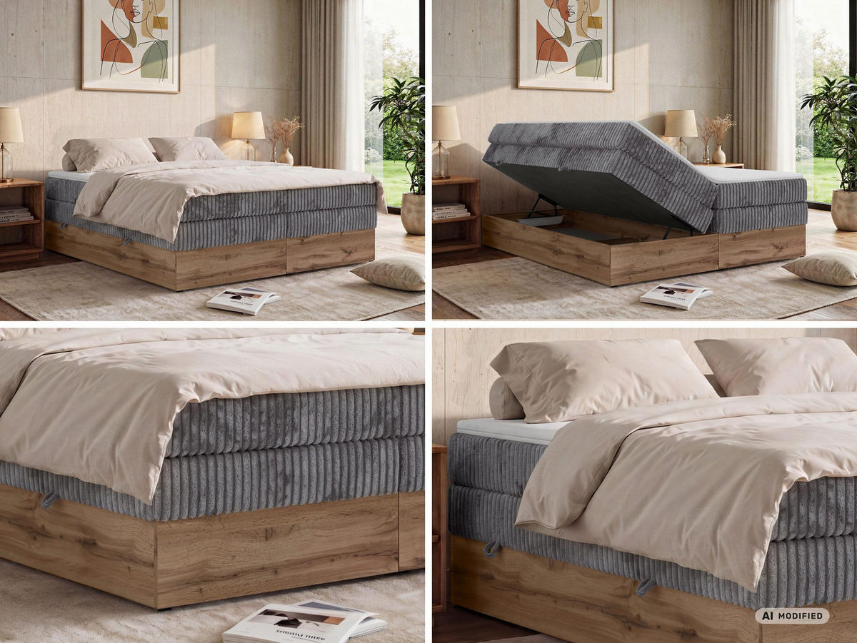 BOXSPRINGBETT WOOD ZERO KING 160/200 - Grau Cord - Topper Visco - H3 - Schwarz/Grau, Kunststoff/Textil (160/200cm) - MKS