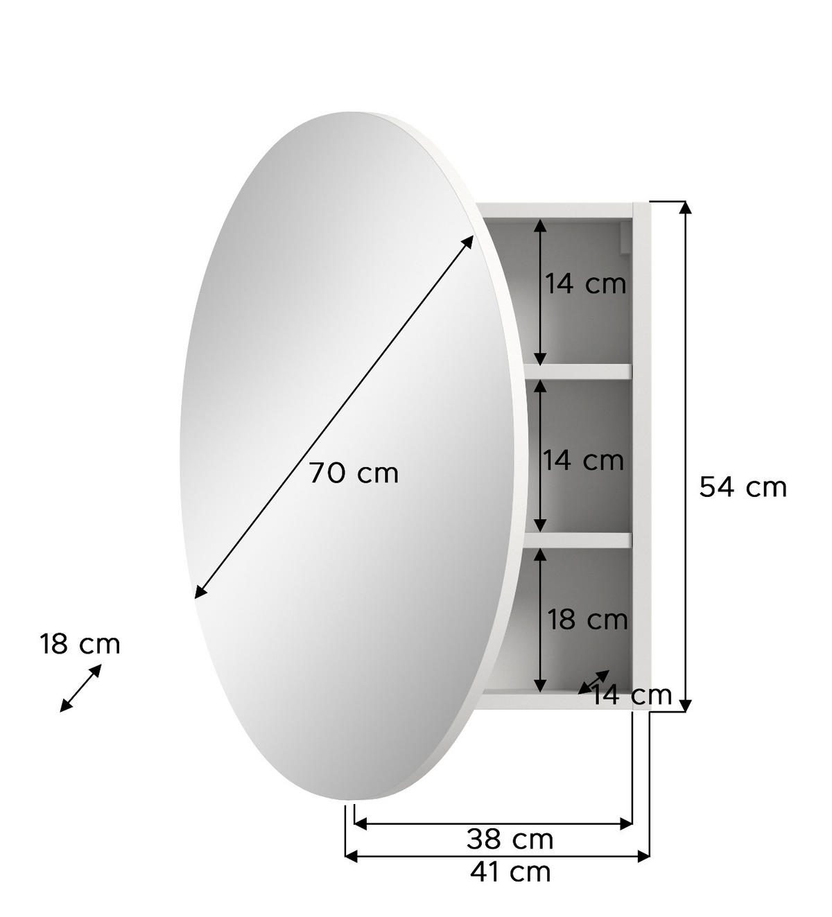 SPIEGELSCHRANK weiß 70 cm, Badschrank rund mit Soft-Close - Weiß, Glas/Holzwerkstoff (70/70/18cm) - Inn.Furn