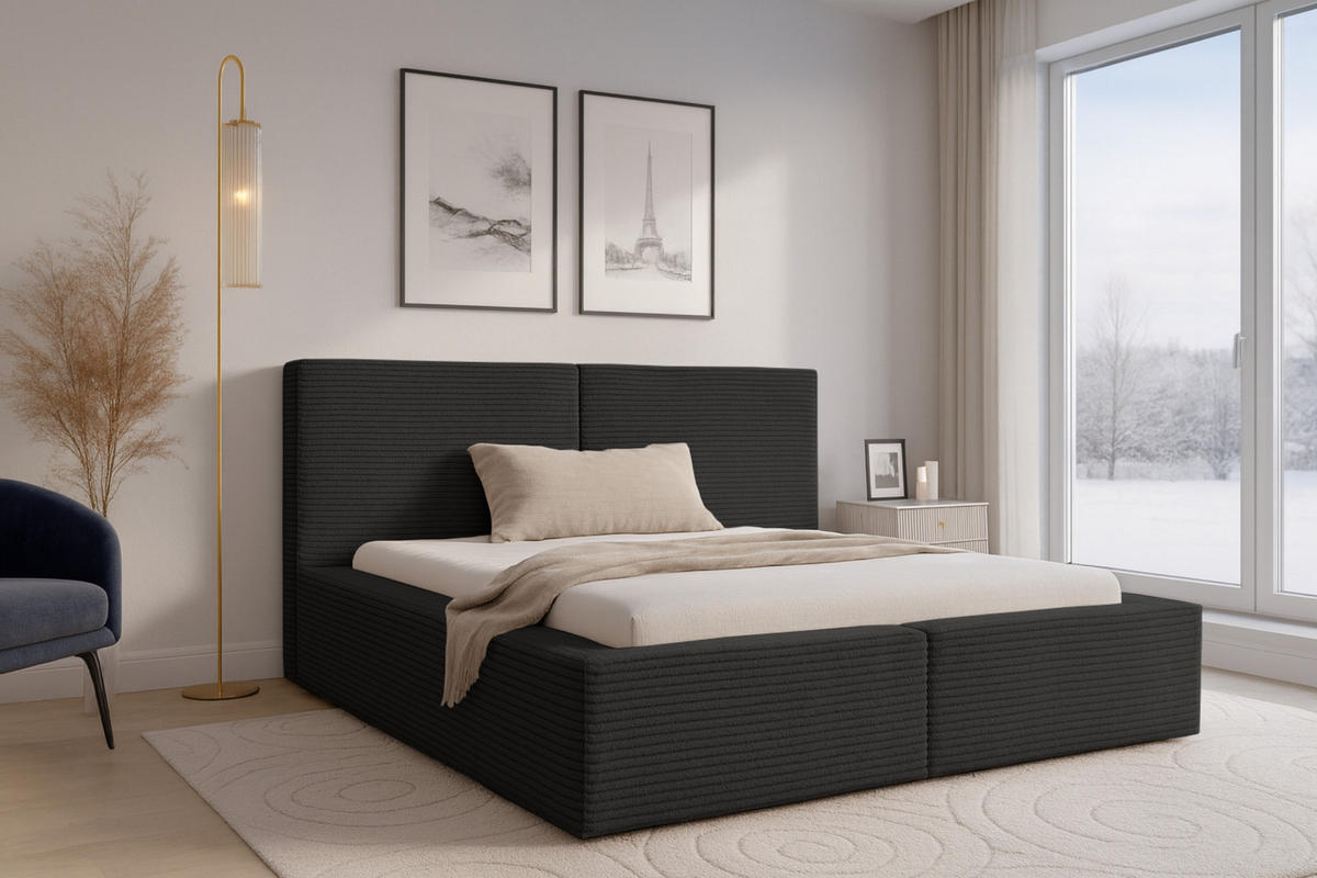 POLSTERBETT BERNO 200/200 in Cord Schwarz - Schwarz, Holz/Holzwerkstoff (200/200cm) - Deine Möbel 24