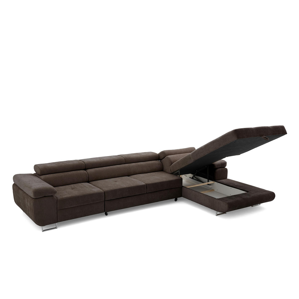 ECKSOFA ALONZO MAXI Rechts mit Schlaffunktion 125x195 Chenille Dunkelbraun - Chromfarben/Dunkelbraun, Holz/Textil (350/203cm) - Muffo