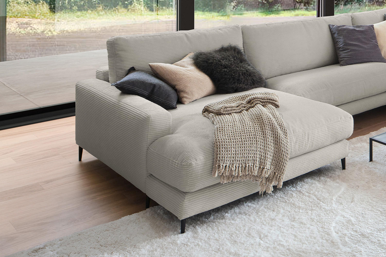 WOHNLANDSCHAFT CARA Steingrau Cord - Greige/Schwarz, Textil (341/84/223cm) - KAWOLA