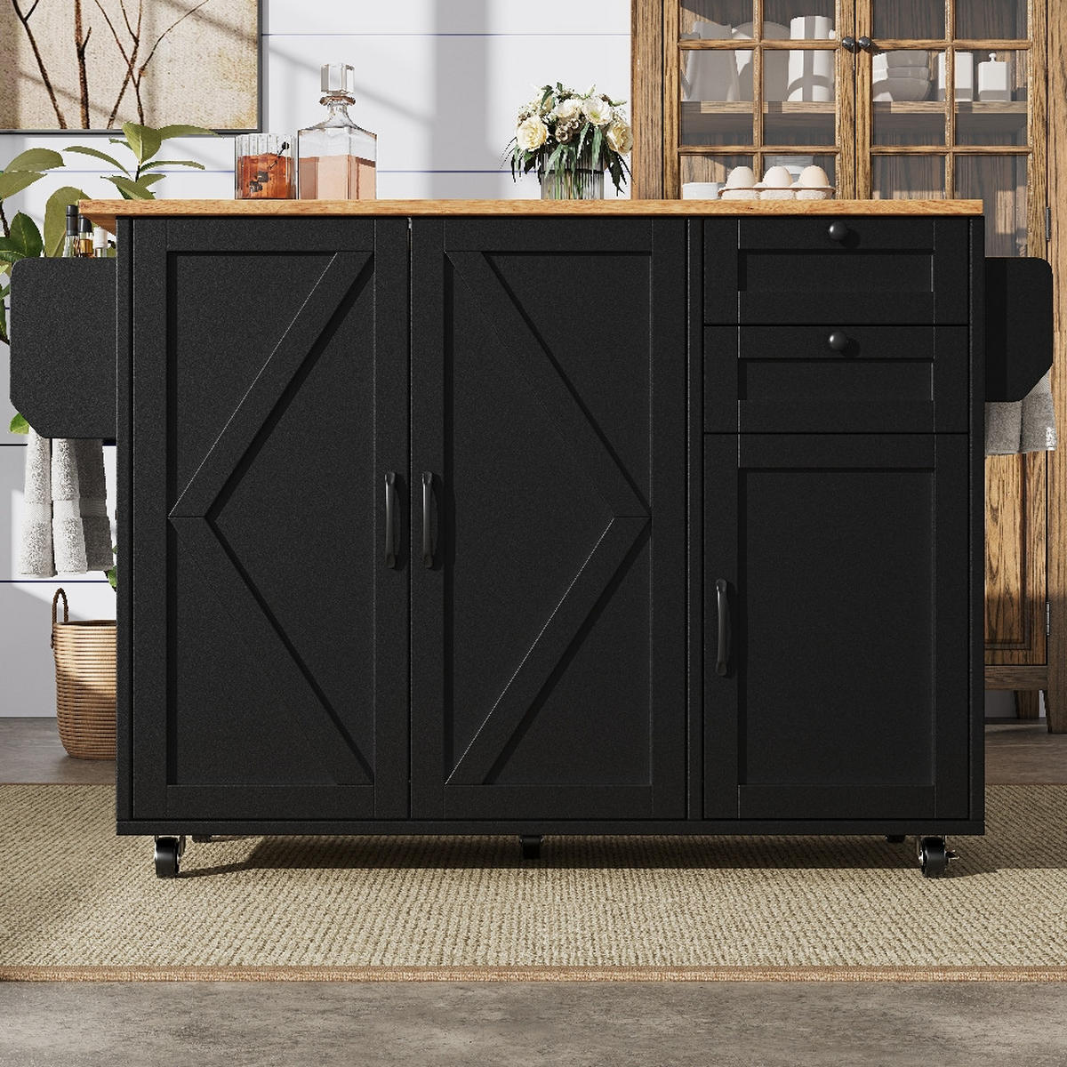 KÜCHENINSEL Klappbar, BUFFETSCHRANK mit Rollen, Holzmaserung Schwarz, 120/43,2/92 cm - Schwarz, Kunststoff (43.2/92/120cm) - Rolipo