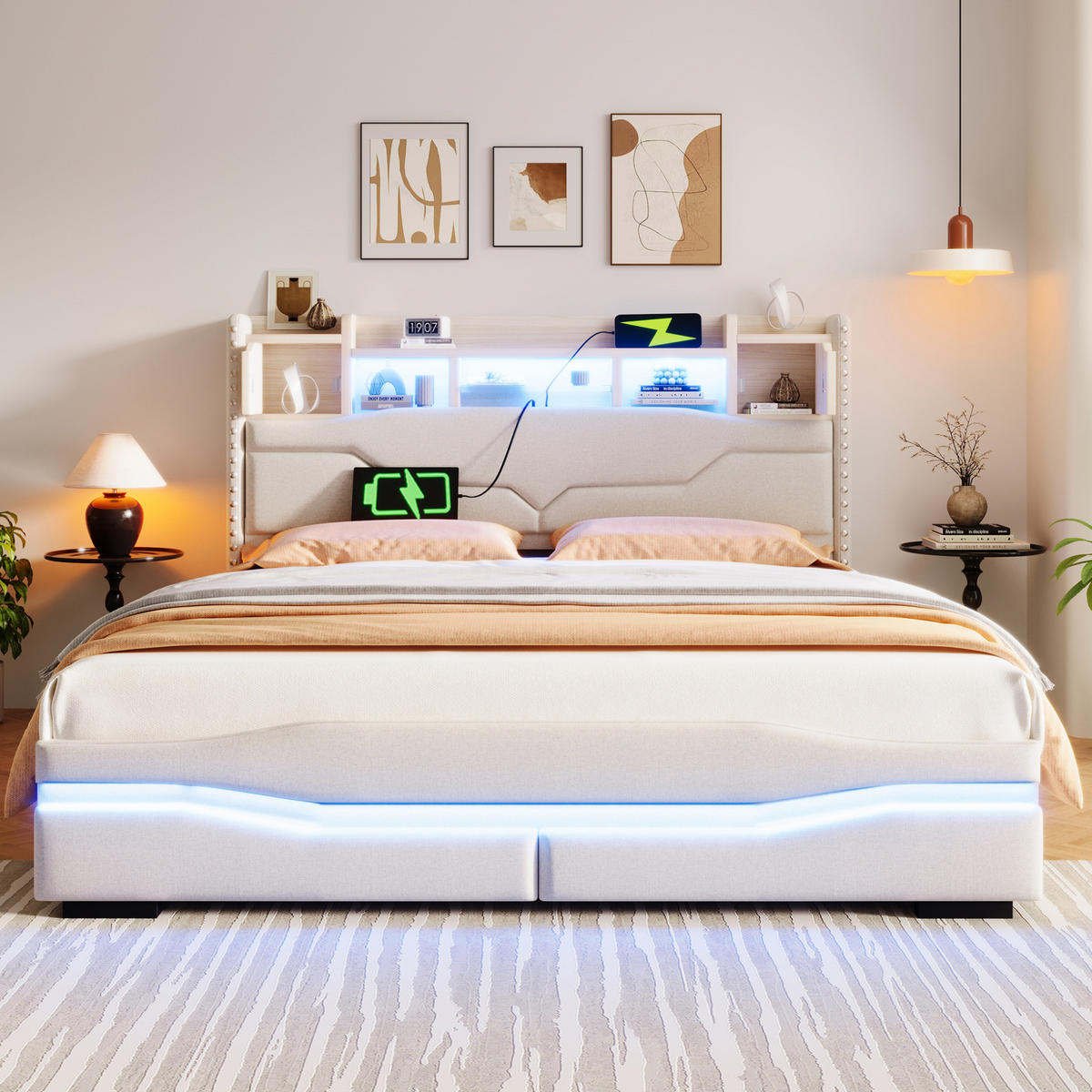 ČALÚNENÁ posteľ z ľanu, 160/200 cm béžová, s LED osvetlením, úložným priestorom a USB-C - béžová, textil (160/200cm) - BEAOK