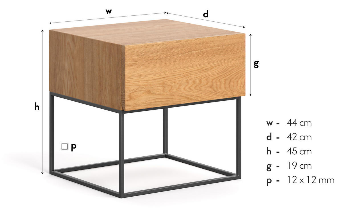 NACHTTISCH Loom mit Schublade aus massivem Eichenholz - Eichefarben/Schwarz, Holz/Metall (44/45/42cm) - Danzz