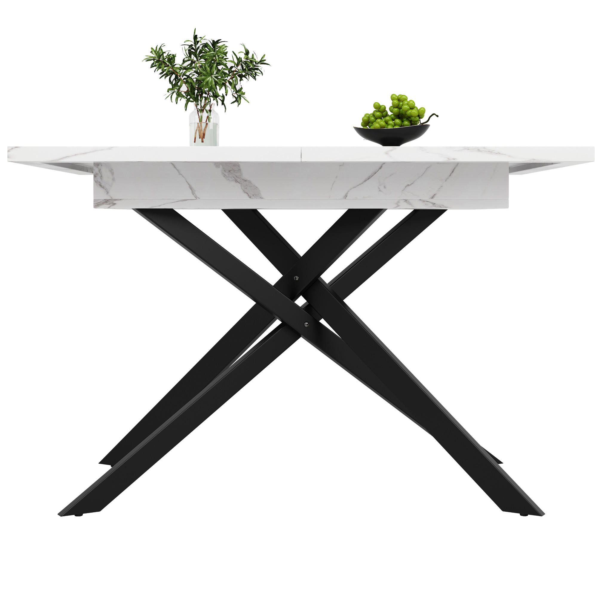 ESSTISCH 120-160x80x77 cm in Weiß und Schwarz aus MDF mit Marmoroptik auf Metall-Kreuzbeinen ausziehbar - Weiß, Holzwerkstoff (160/80/76.5cm) - Modfu