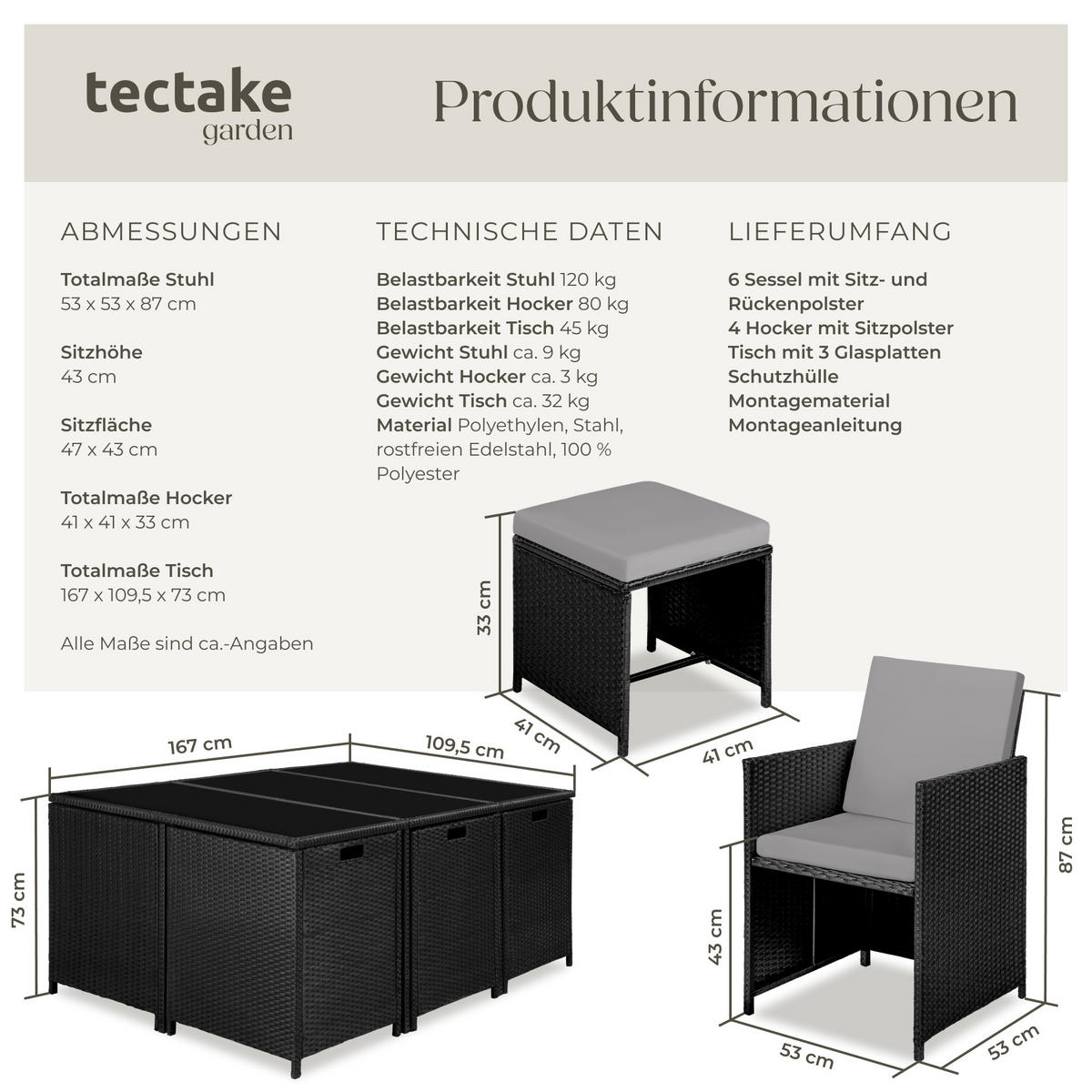 RATTAN SITZGRUPPE Malaga,zusammenschiebbar, inklusive Schutzhülle,schwarz/grau - Schwarz/Grau, Kunststoff - tectake