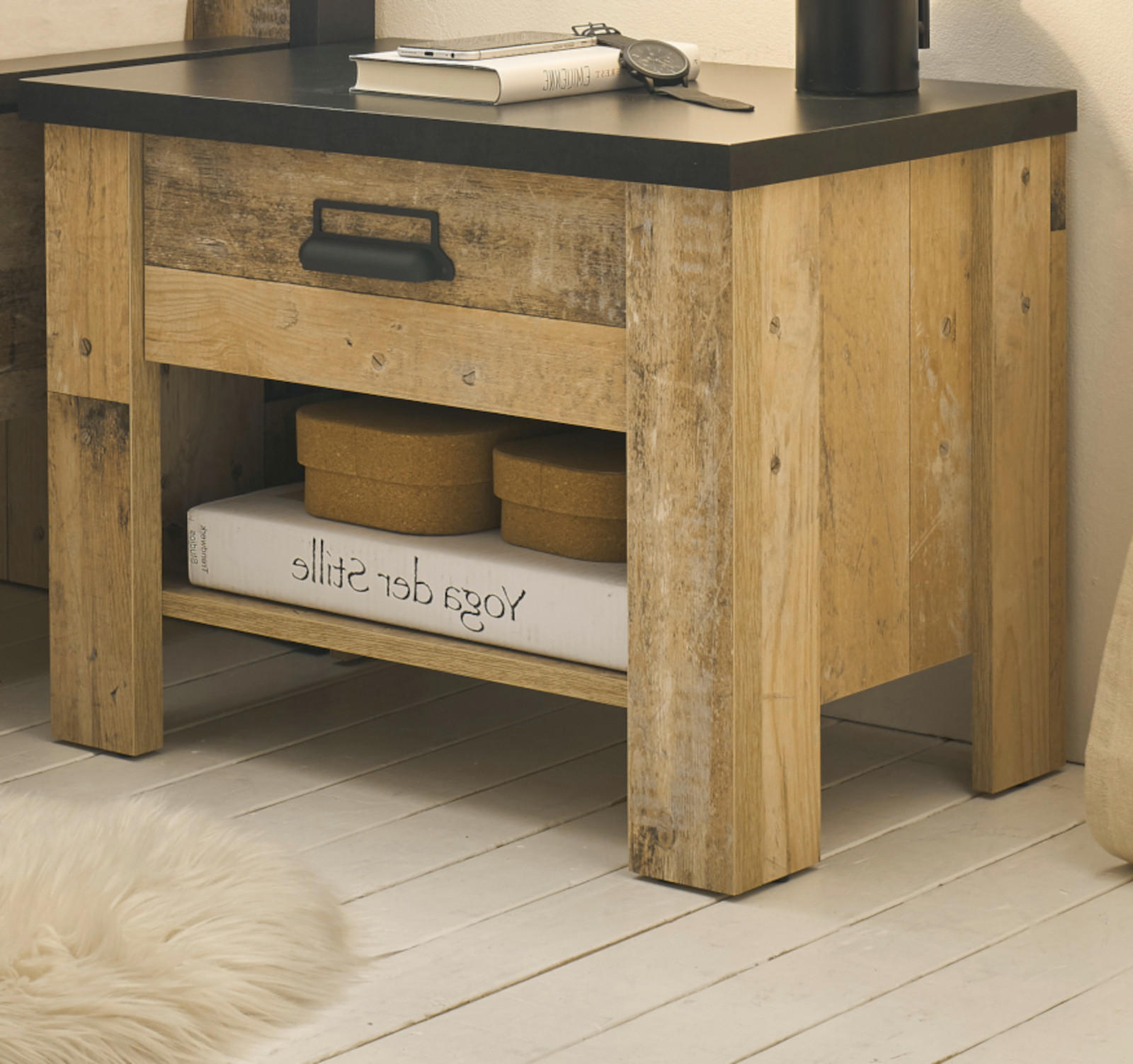 NACHTTISCH Used Wood hell, dunkles Grau 60 x 46 cm, Nachtkommode mit Schubkasten und Soft-Close - Dunkelgrau/Schwarz, Holzwerkstoff/Kunststoff (60/46/39cm) - Furn.Design