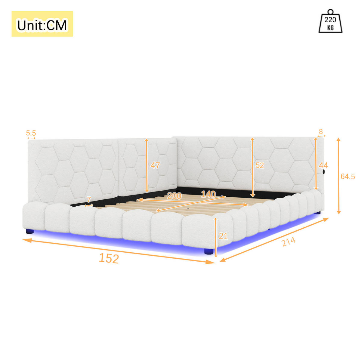 POLSTERBETT 140/200 cm aus Vliesimitat und MDF mit LED-Beleuchtung, USB- und Typ-C-Anschluss Weiß - Weiß, Textil (140/200cm) - Modenvie