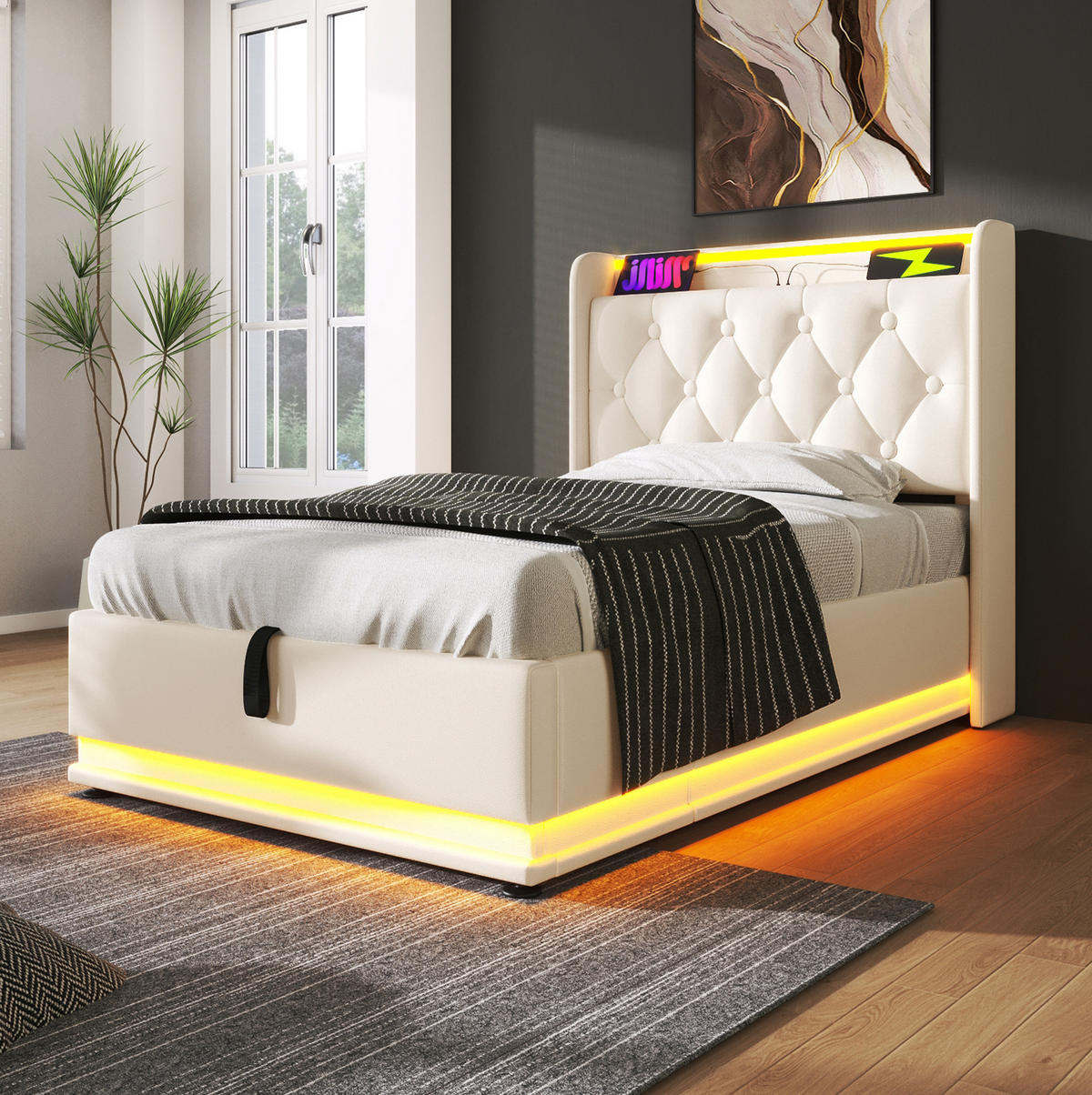 POLSTERBETT mit LED und Stauraum 90x200 cm PU Weiß - Weiß, Metall (90/200cm) - Meubliv