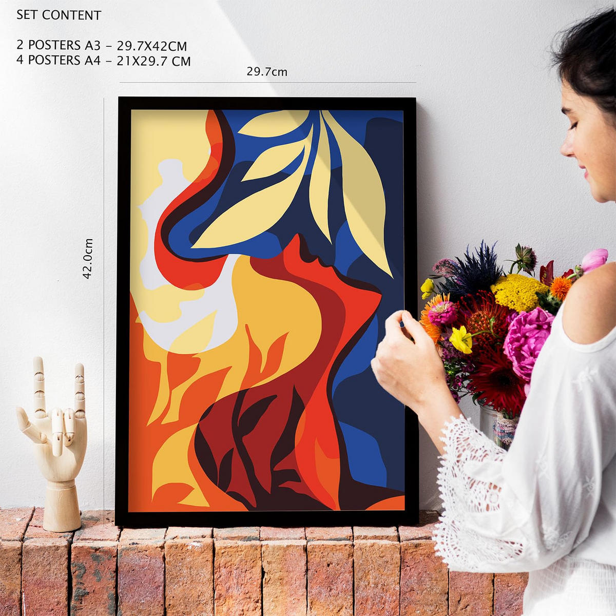 POSTER Set Mit 6 Zarte Collage im femininen abstrakten Stil Größe A3 & A4 Rahmen aus hellem Holz - Beige, Papier (29.7/1cm) - Nacnic