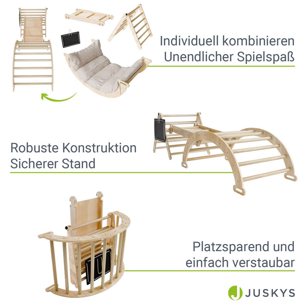 KLETTERDREIECK Movario mit Kissen 80x50cm - Klein - Naturfarben, Holz (54/55/54cm) - Juskys