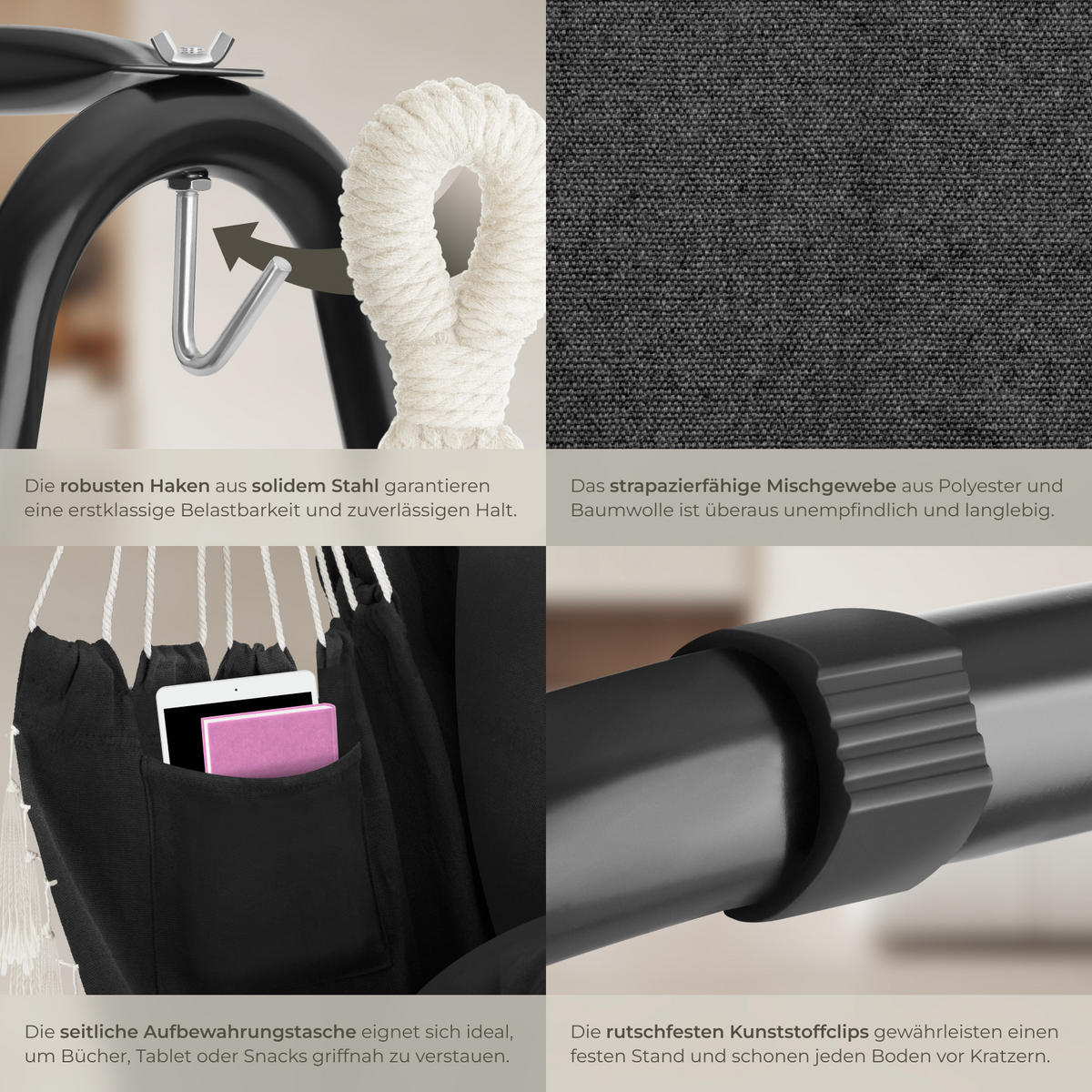 HÄNGESESSEL Alison,85 x 100 x 154,5 cm,schwarz - Schwarz, Naturmaterialien/Textil (85/154.5/100cm) - tectake
