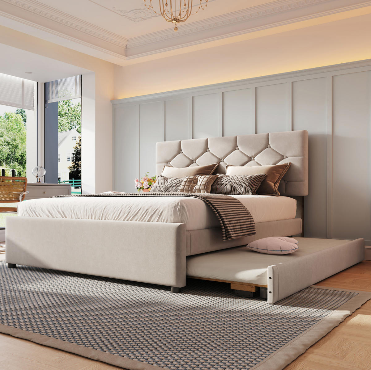 POLSTERBETT mit Rollbett 140x200 cm Samt Beige - Beige, Metall (140/200cm) - Meubliv