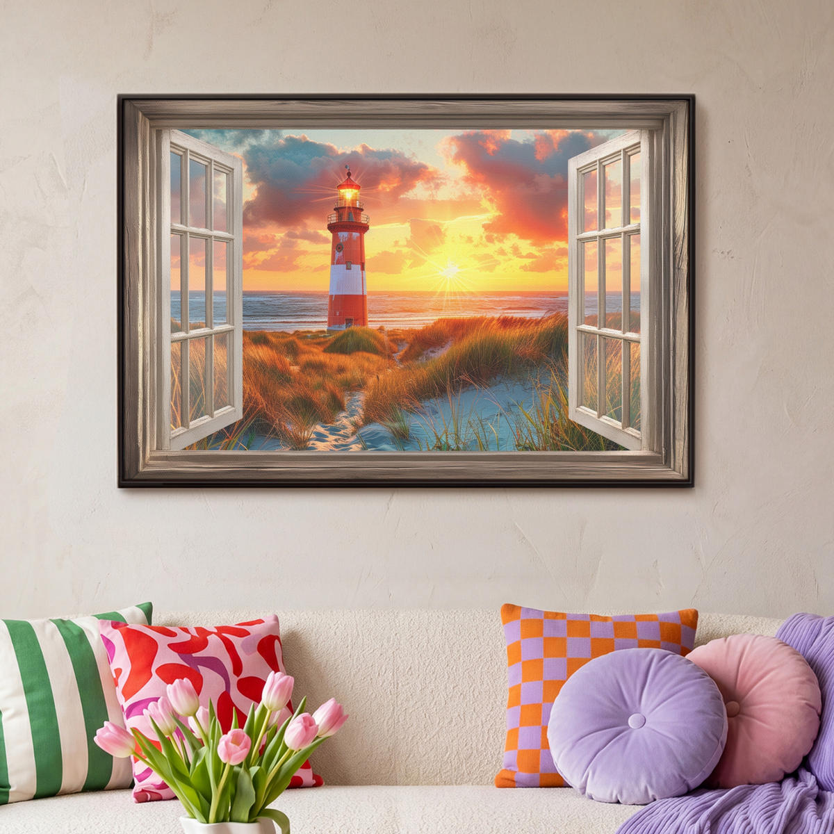 LEINWAND Bilder mit Rahmen - Aussicht - Fenster - Leuchtturm - Sonnenuntergang - Strand - 90x60 - Dunkelorange, Textil (90/60cm) - MuchoWow
