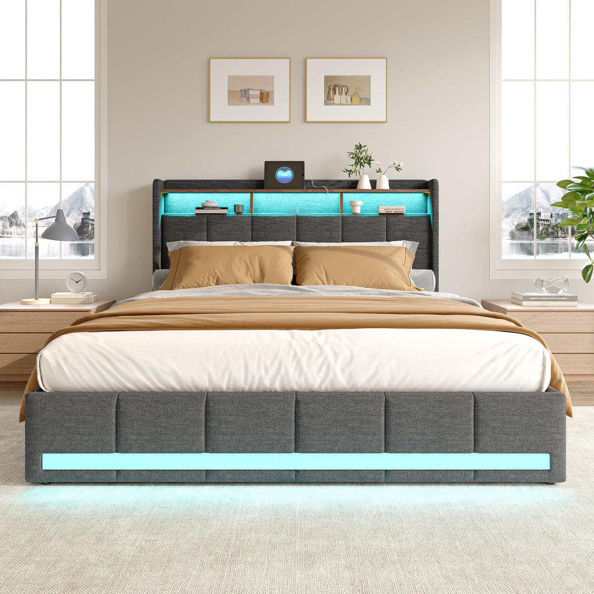 POLSTERBETT Leinen 160x200 cm mit LED Beleuchtung, USB und 4 Schubladen Grau - Grau, Holzwerkstoff (160/200cm) - Novahome