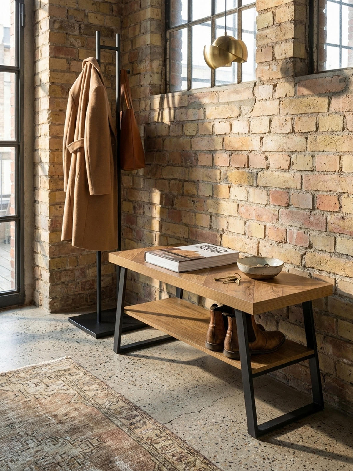 SCHUHBANK – 100x41x40 cm, Eiche-Dekor, Fischgrät, mit Ablage - Schwarz/Braun, Holz/Holzwerkstoff (100/41/40cm) - KADIMA DESIGN