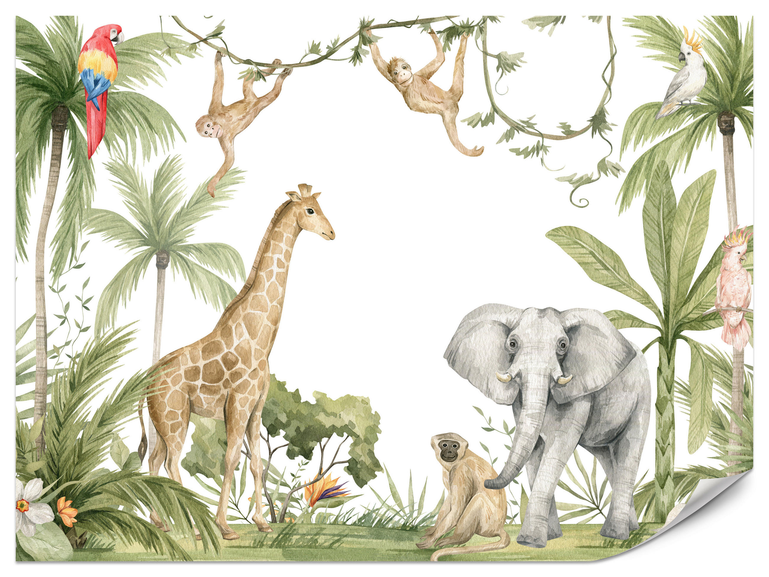 FOTOTAPETE für Kinderzimmer Dschungel Tiere Giraffe Elefant Palmen 400x280 - Beige/Rot, Papier (400/280cm) - Muralo