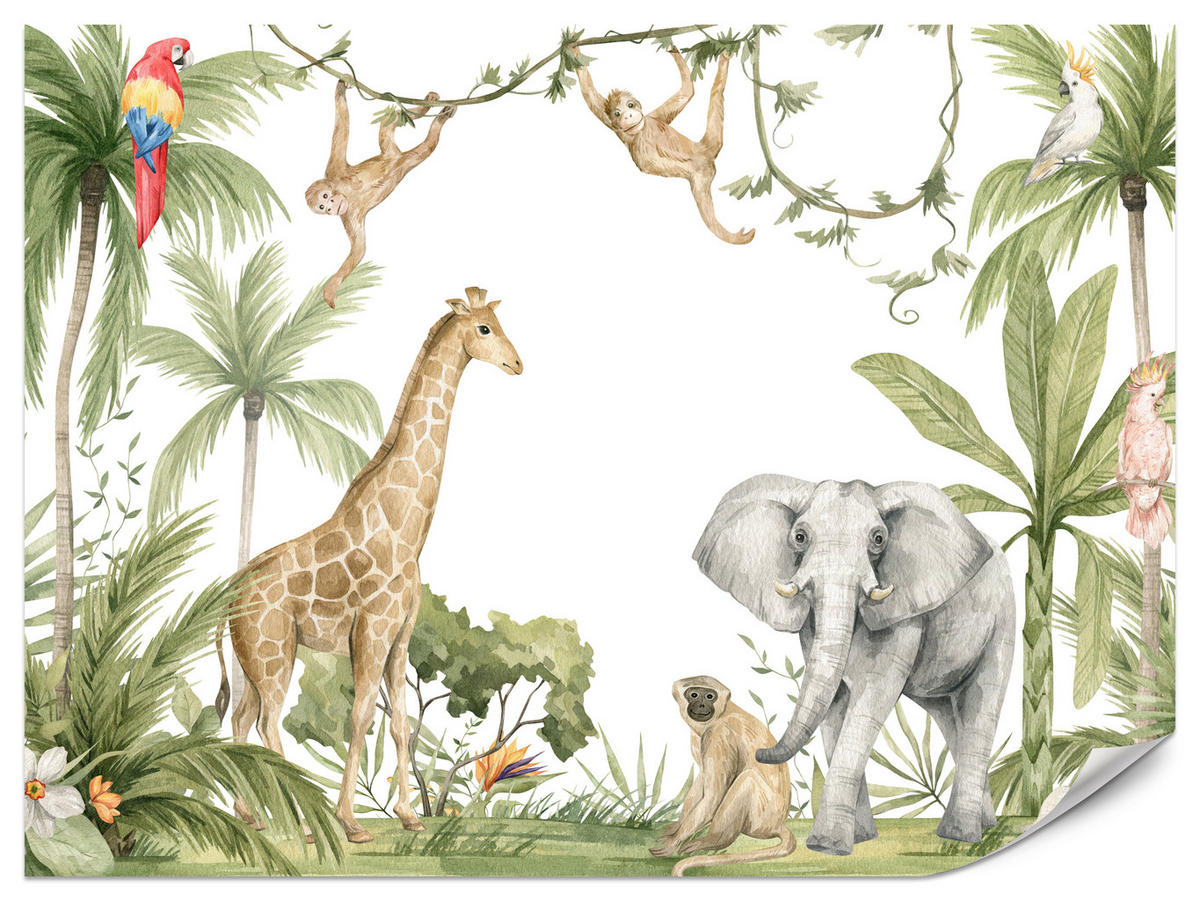 FOTOTAPETE für Kinderzimmer Dschungel Tiere Giraffe Elefant Palmen 400x280 - Beige/Rot, Papier (400/280cm) - Muralo
