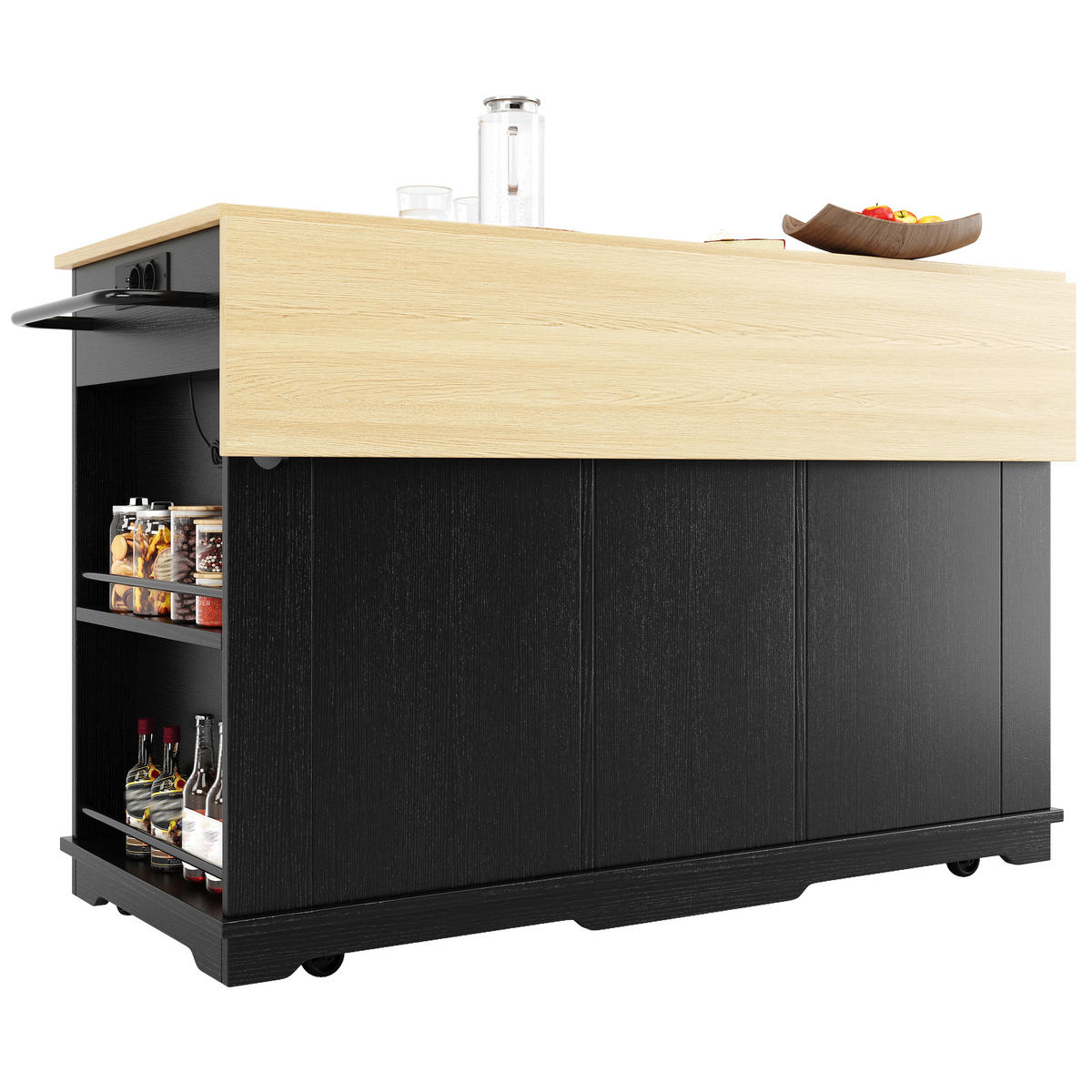 KÜCHENINSEL mit klappbarer Tischplatte, integrierten Steckdosen und Rollen, 2 Schubladen & 6 Fächern, schwarz & natur - Schwarz, Holzwerkstoff (151.5/91.7/84.7cm) - Luhomfu