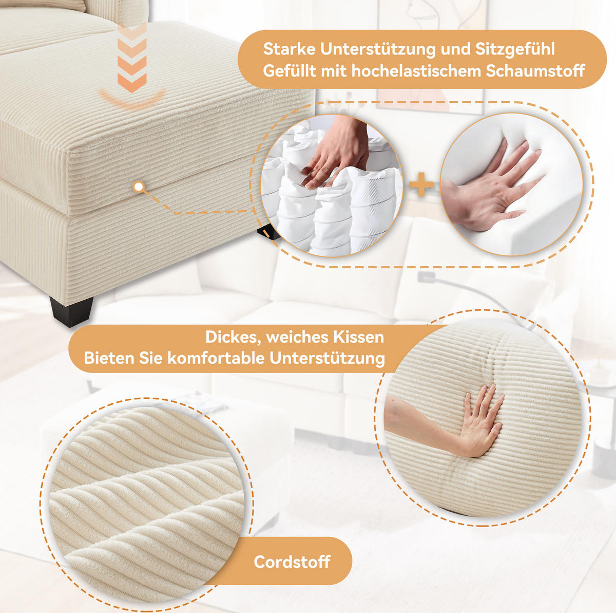 SOFA L-Form 3-Sitzer mit Hocker USB 213,5 x 139 cm Cord Beige - Beige, Textil (213.5/139cm) - IVMEU