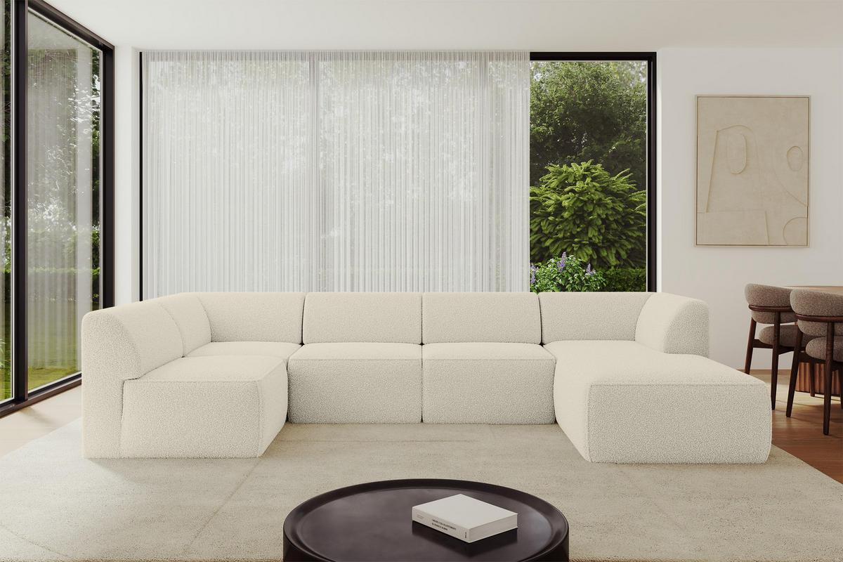 WOHNLANDSCHAFT Ottomane Rechts MOVO-L 345x180x78 cm Beige Bouclé - Hellbraun, Holzwerkstoff/Kunststoff (180/78/345cm) - ALTDECOR