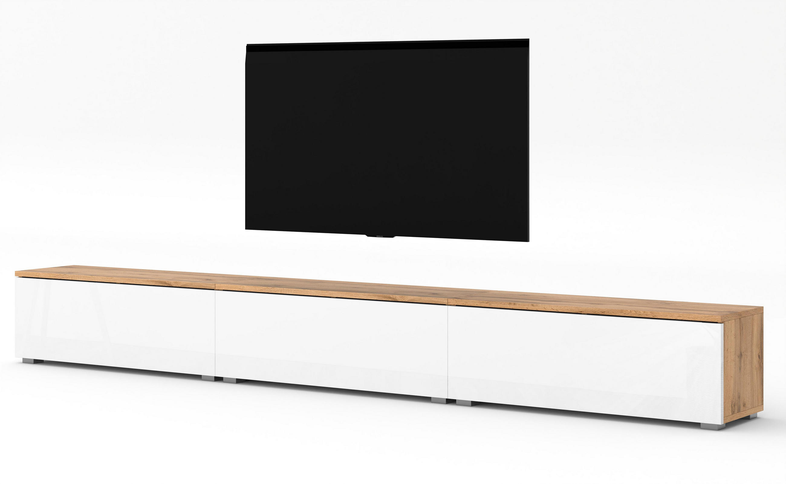 LOWBOARD Loriano 3x100 Wotan, Weiß Hochglanz 300/36,5/32 cm – Hängend und Stehend - Braun/Weiß, Holzwerkstoff/Kunststoff (300/36.5/32cm) - AX Living