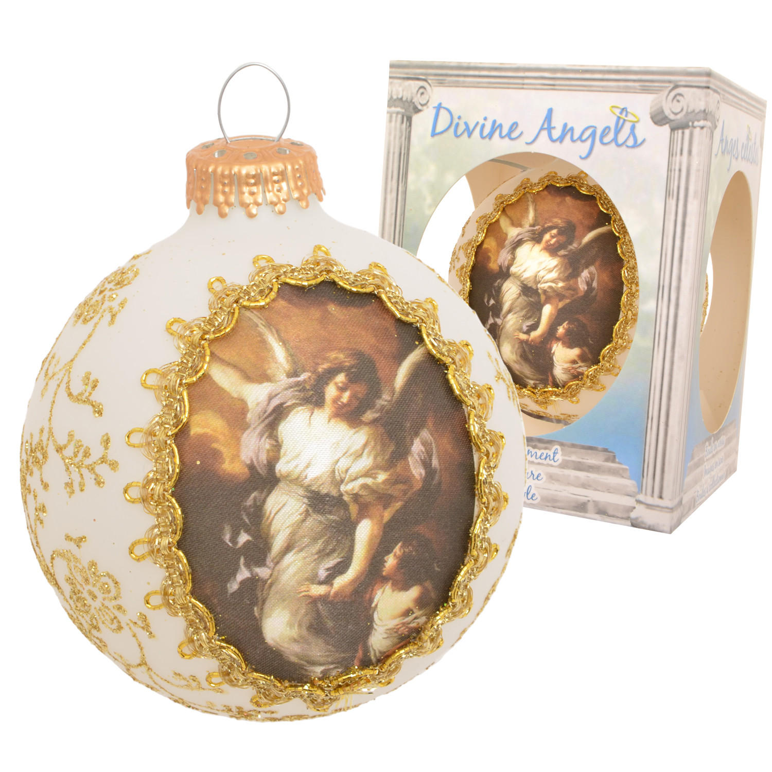 CHRISTBAUMKUGEL Seidenbild Engel und Engelskind Weiß 8cm (Glas / 1 Stk.) - Weiß, Glas (8/8/8cm) - Krebs Glas Lauscha