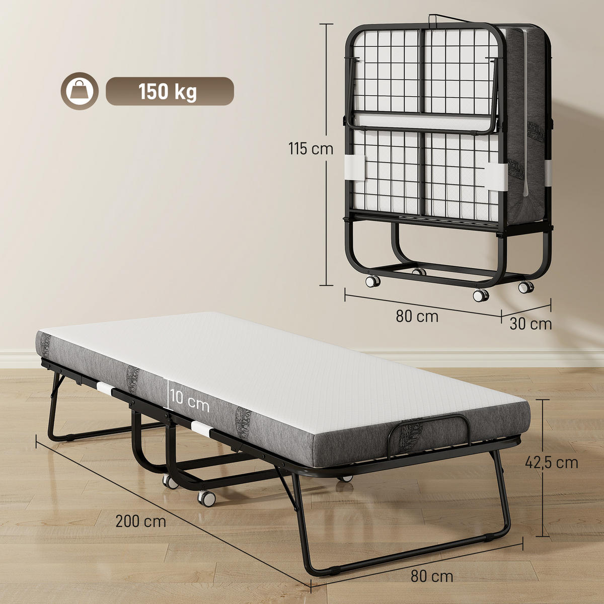 GÄSTEBETT 2-in-1 Klappbett mit Rollen klappbar Stahl+Schaumstoff Weiß+Schwarz - Weiß, Metall - HOMCOM