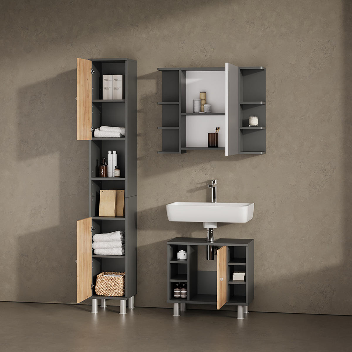 BADMÖBEL-SET Fucino Anthrazit/Goldkraft Eiche 3 Teile mit Hochschrank - Anthrazit/Eiche Wotan, Holzwerkstoff (60/54/32cm) - Livinity®
